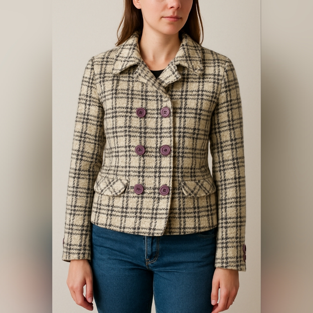 Dynamite Plaid Double-Breasted Jacket | Purple Buttons | Size M